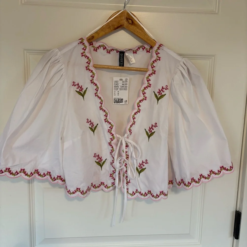 H&M NWT White Floral Embroidered Poplin Blouse Medium - Picture 5 of 8